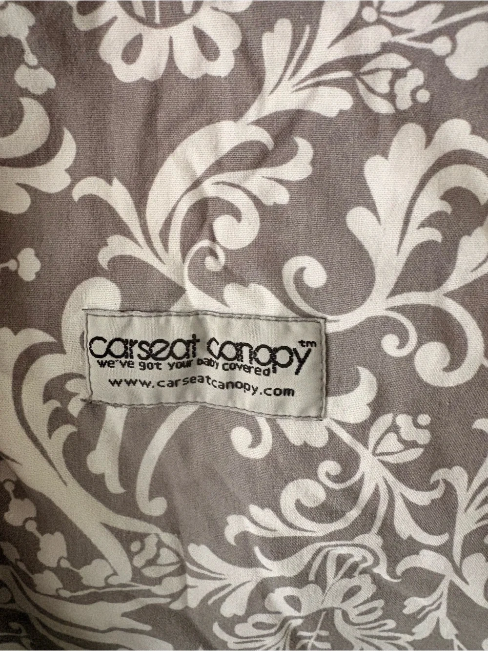 Canopy Gray and White Floral Infant Car Seat Cover with Lavender Trim